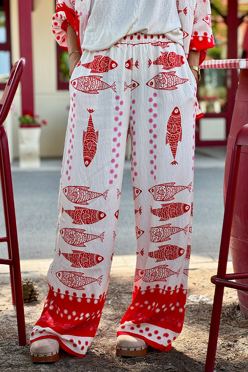 Pantalon souple blanc cassé imprimé poissons sardines rouges ceinture élastique