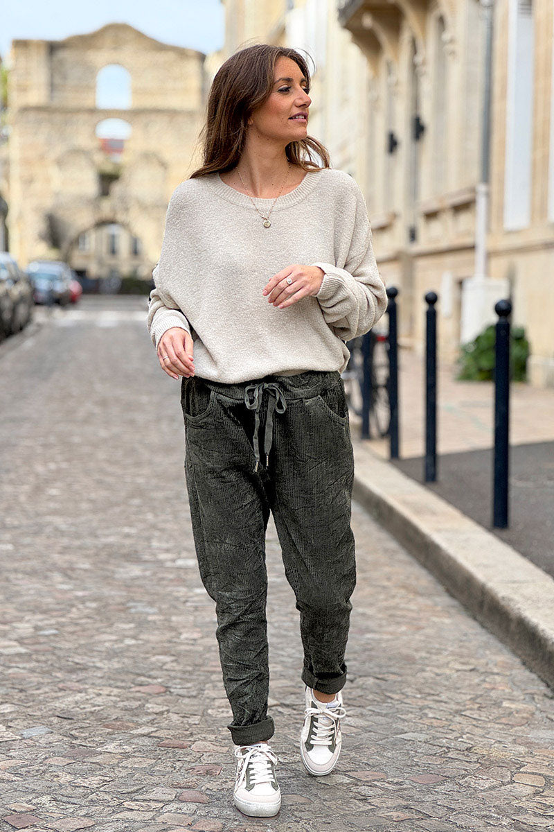 Khaki Corduroy Pull-On Trousers