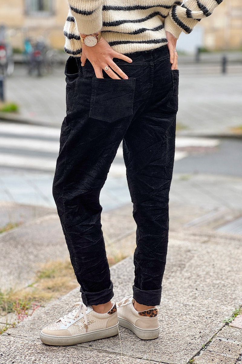 Pantalon stretch noir et confort en velours côtelé à taille élastique