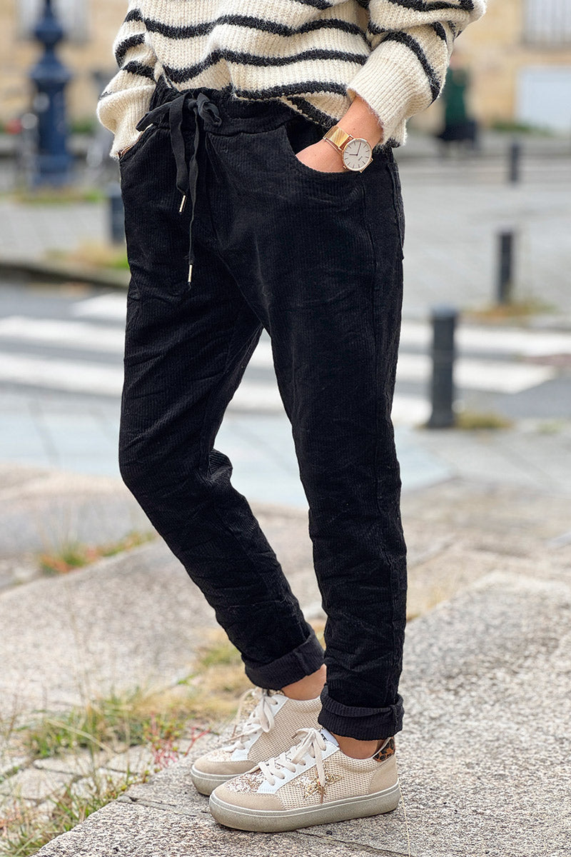 Pantalon stretch noir et confort en velours côtelé à taille élastique