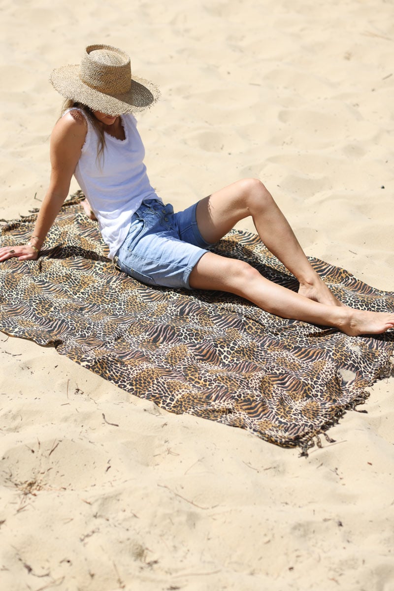 Pareo de plage long, imprime croco, zebre et leopard e009 (1)