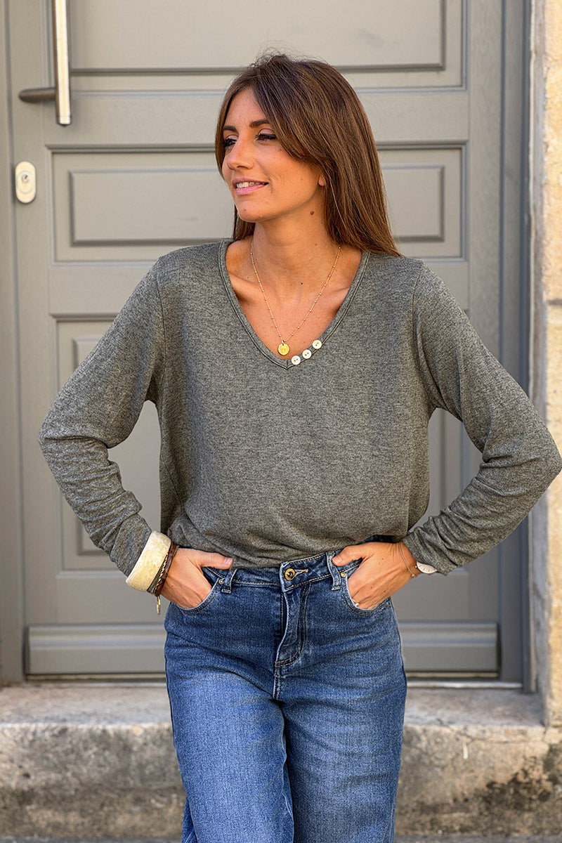 Khaki Brushed Velvet Knit Long Sleeve Top