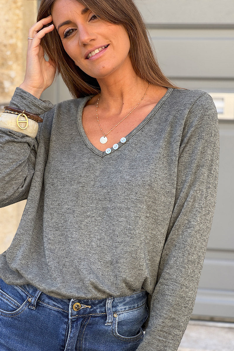 Khaki Brushed Velvet Knit Long Sleeve Top