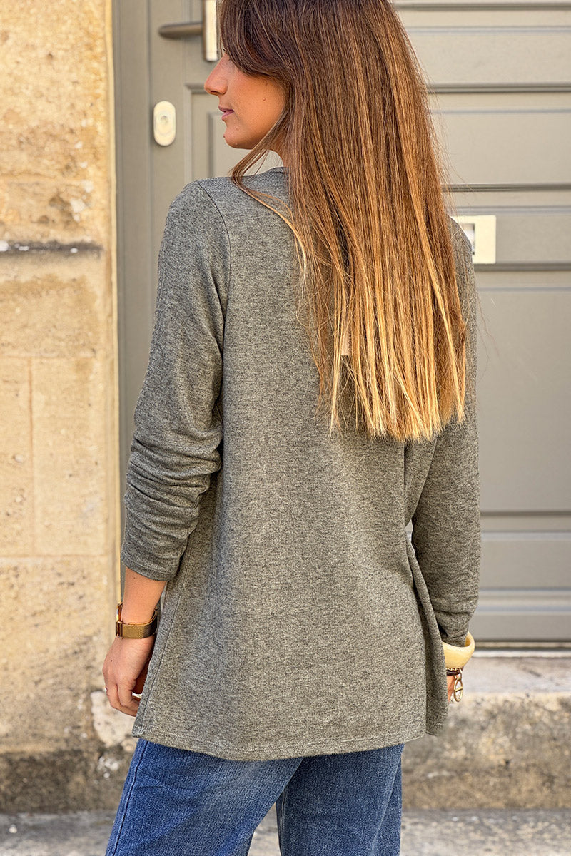 Khaki Brushed Velvet Knit Long Sleeve Top
