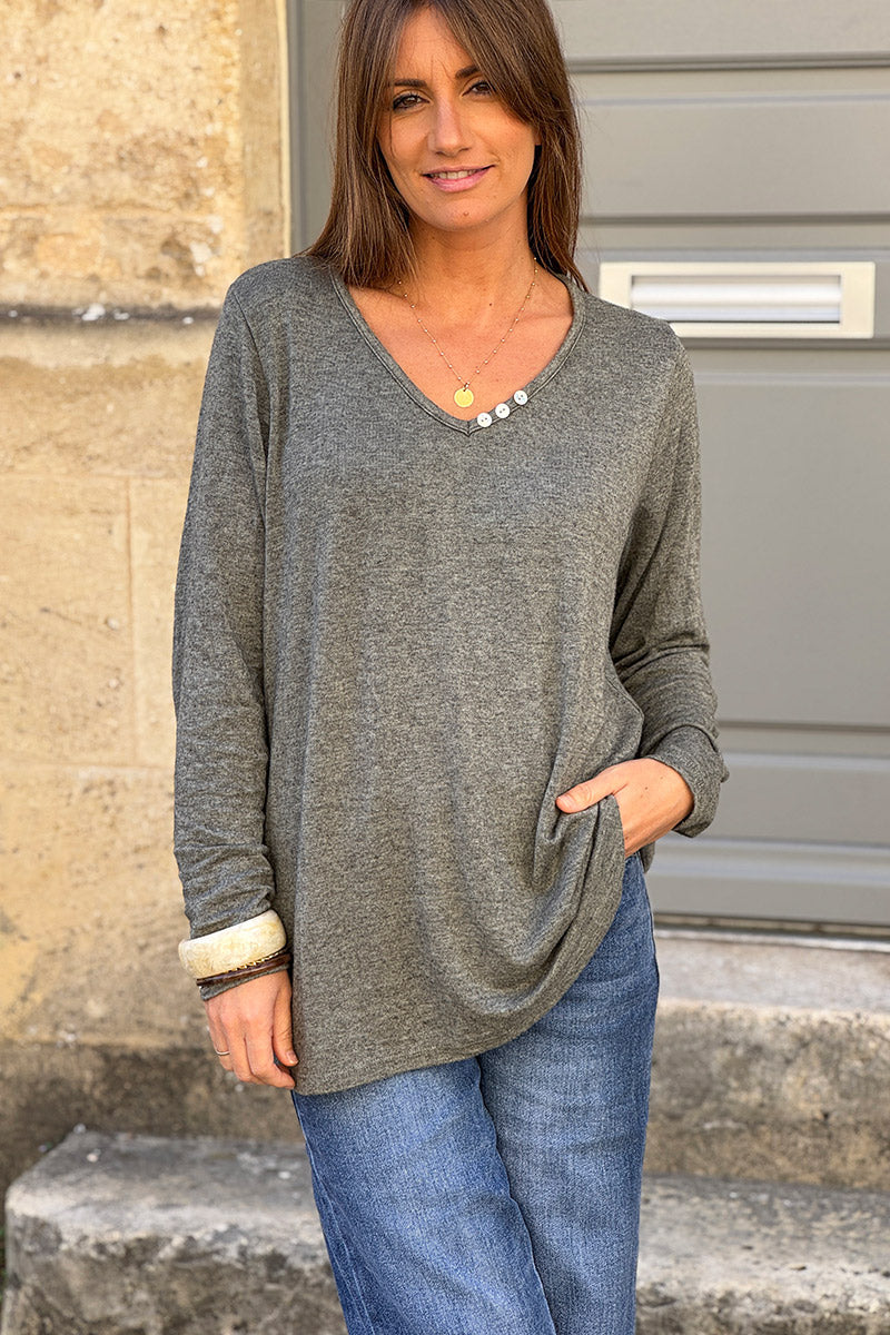 Khaki Brushed Velvet Knit Long Sleeve Top