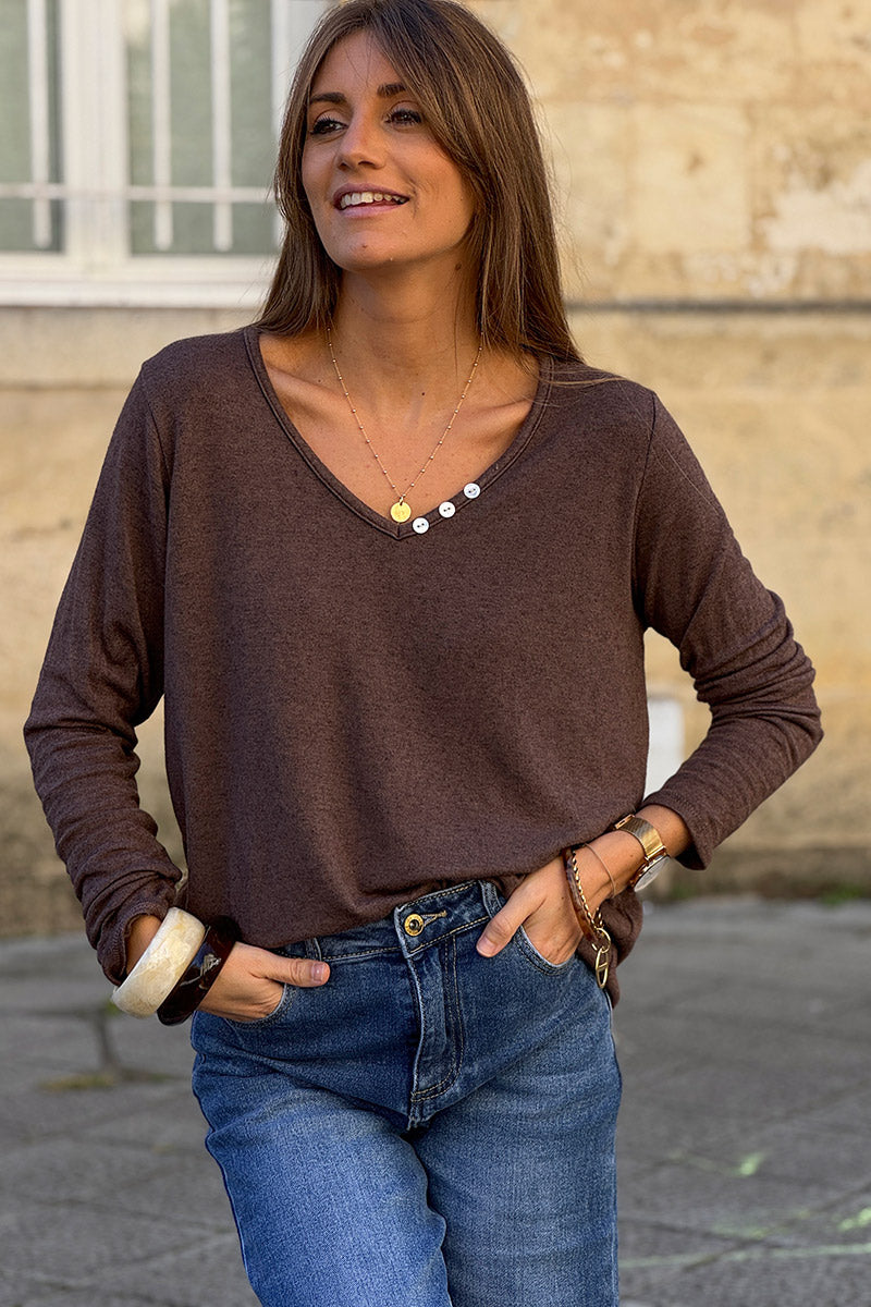 Brown Chocolate Brushed Velvet Knit Long Sleeve Top