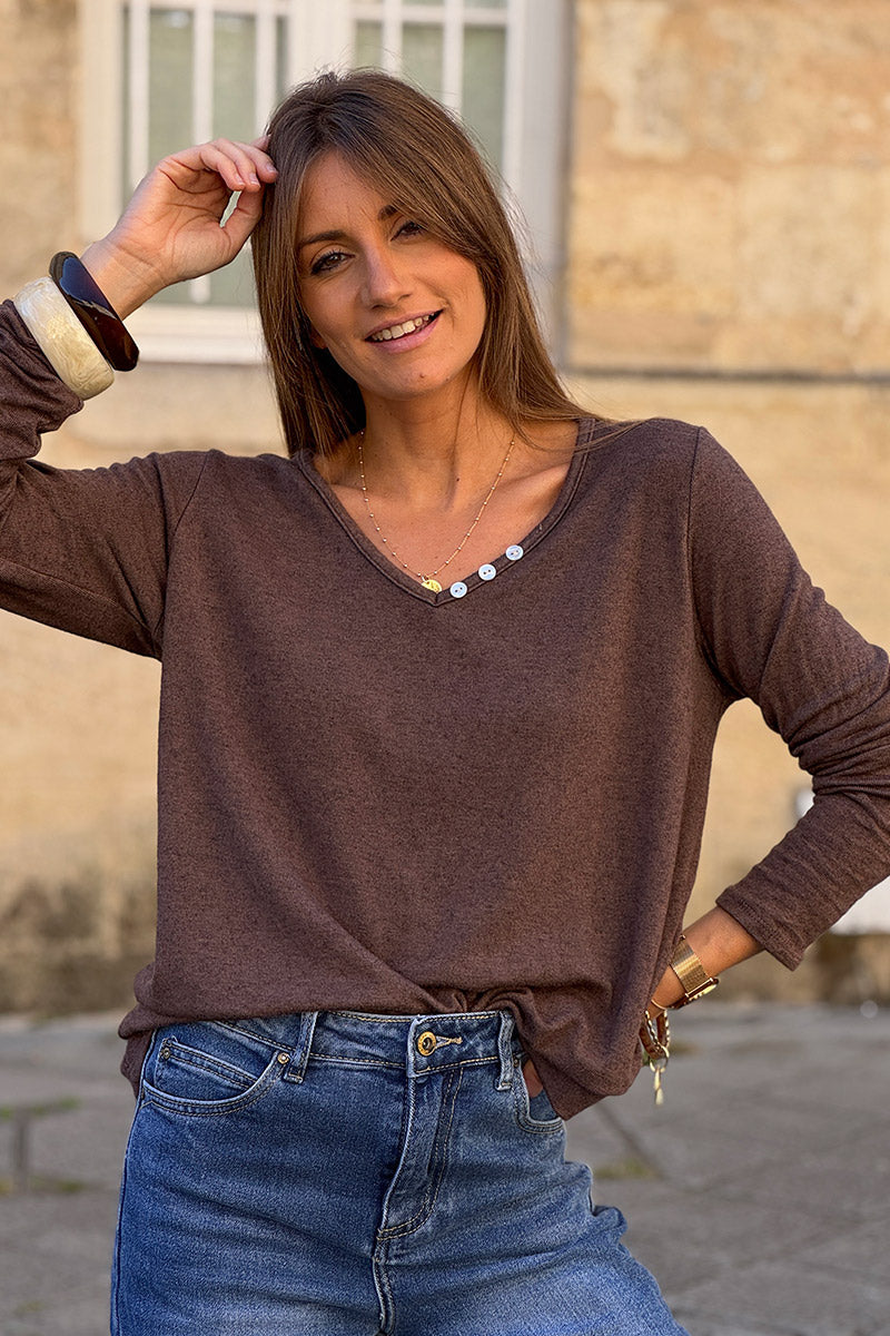 Brown Chocolate Brushed Velvet Knit Long Sleeve Top