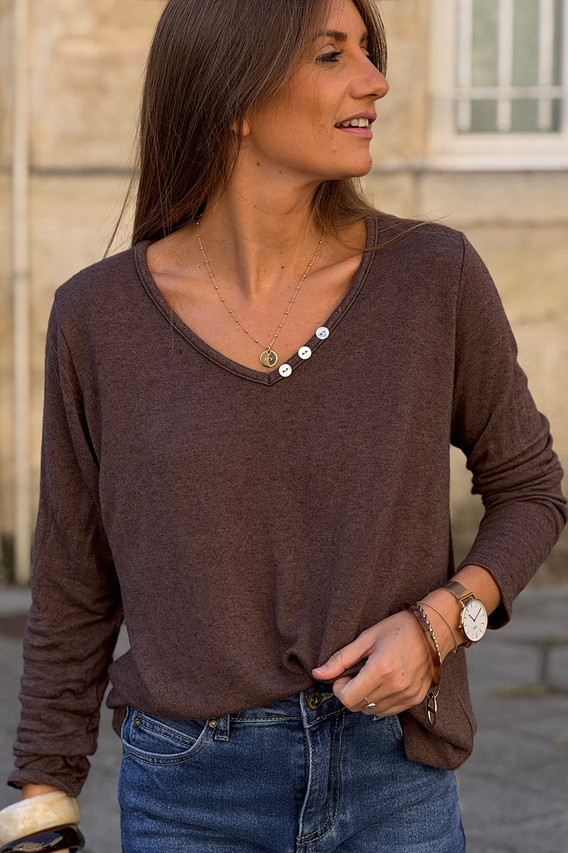 Brown Chocolate Brushed Velvet Knit Long Sleeve Top