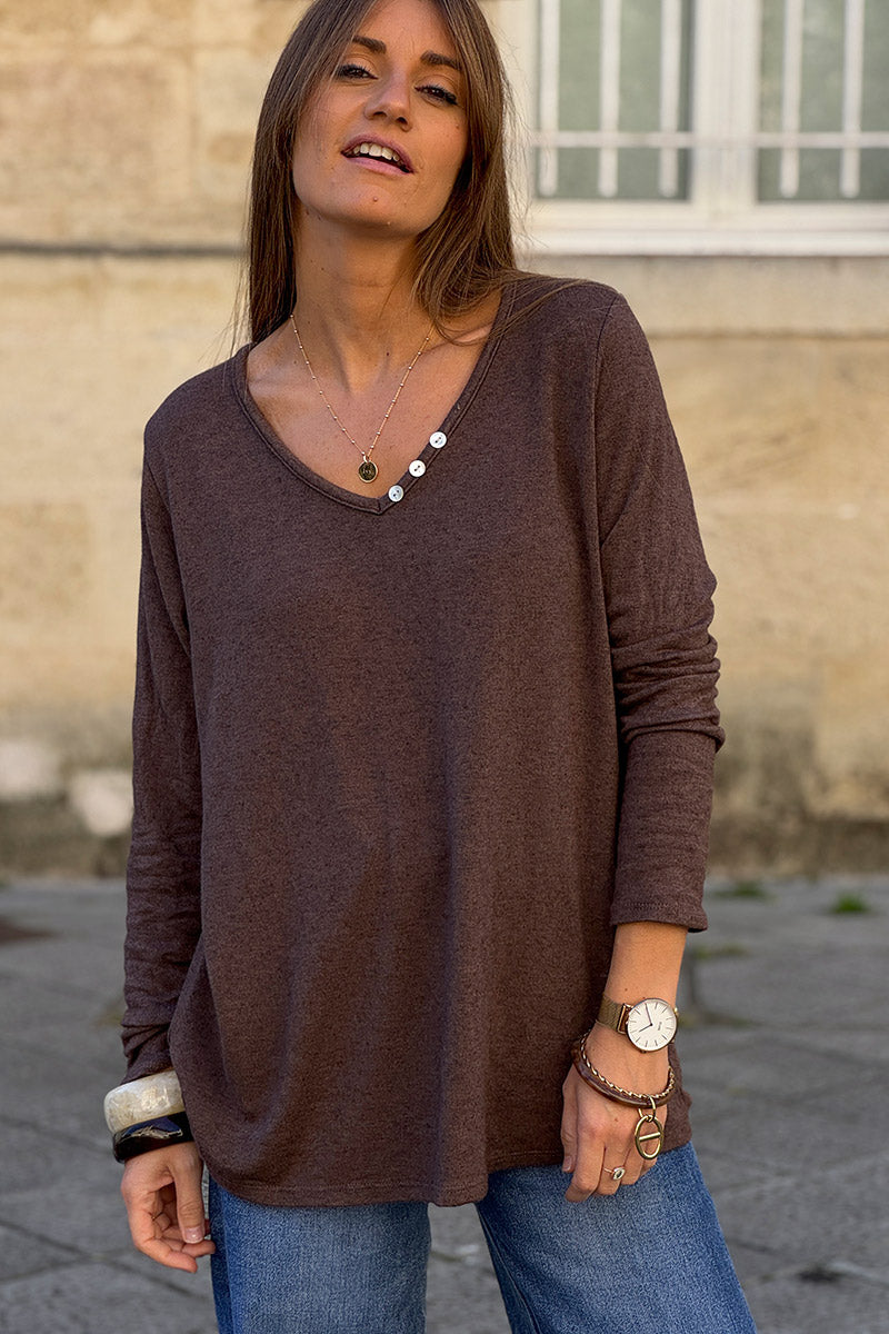 Brown Chocolate Brushed Velvet Knit Long Sleeve Top