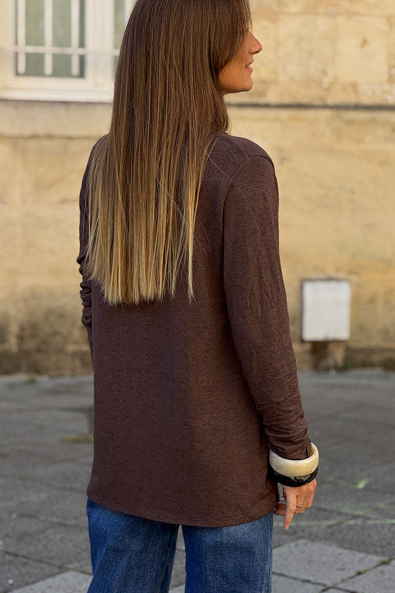 Brown Chocolate Brushed Velvet Knit Long Sleeve Top