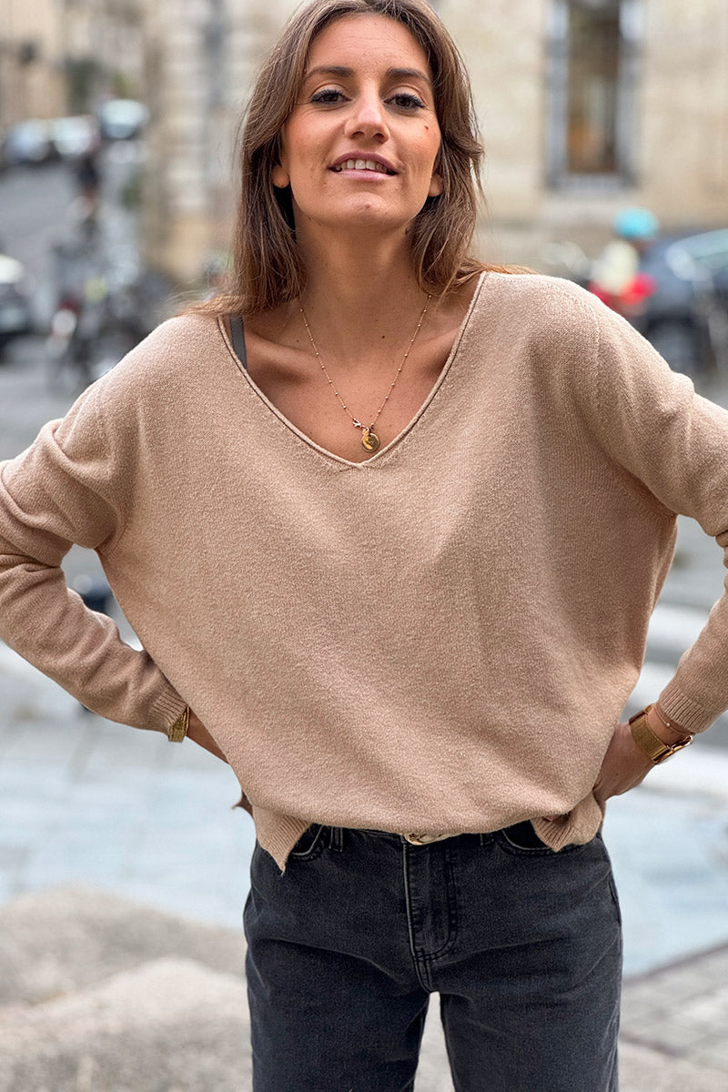 Light Camel Soft Basic V-neck Sweater