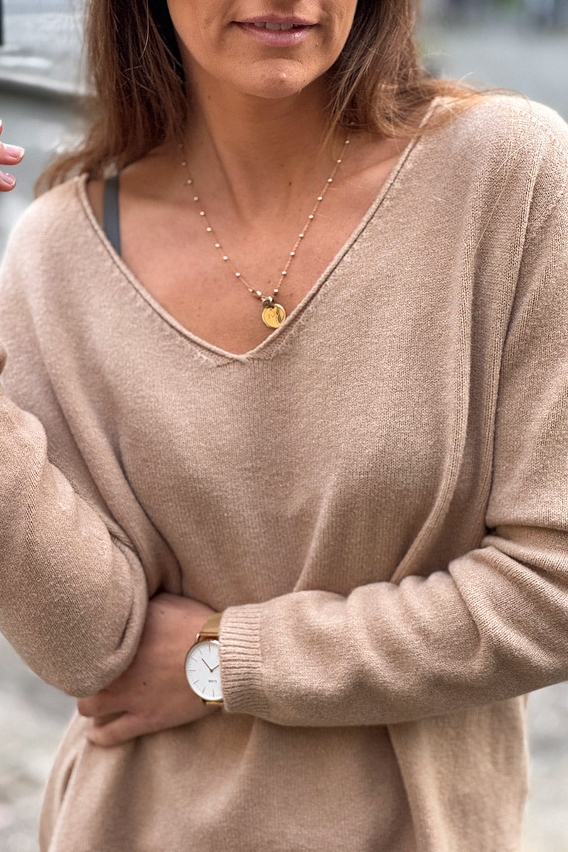 Light Camel Soft Basic V-neck Sweater