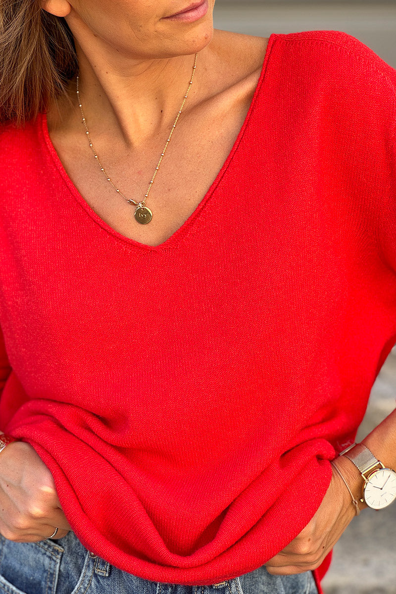 Red Soft Basic V-neck Sweater