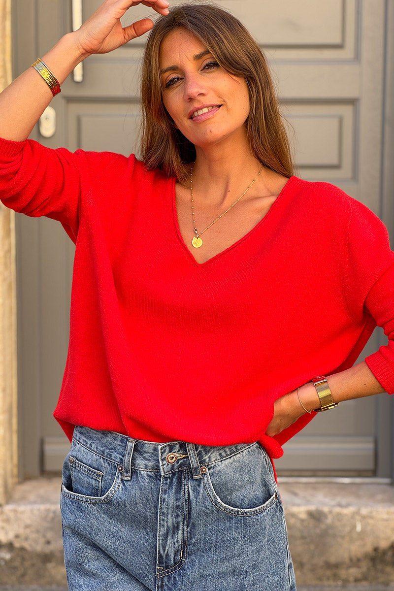 Red Soft Basic V-neck Sweater