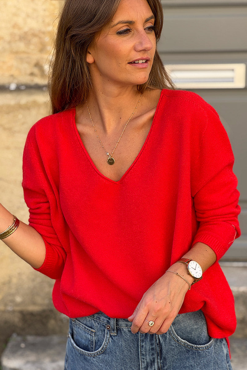 Red Soft Basic V-neck Sweater
