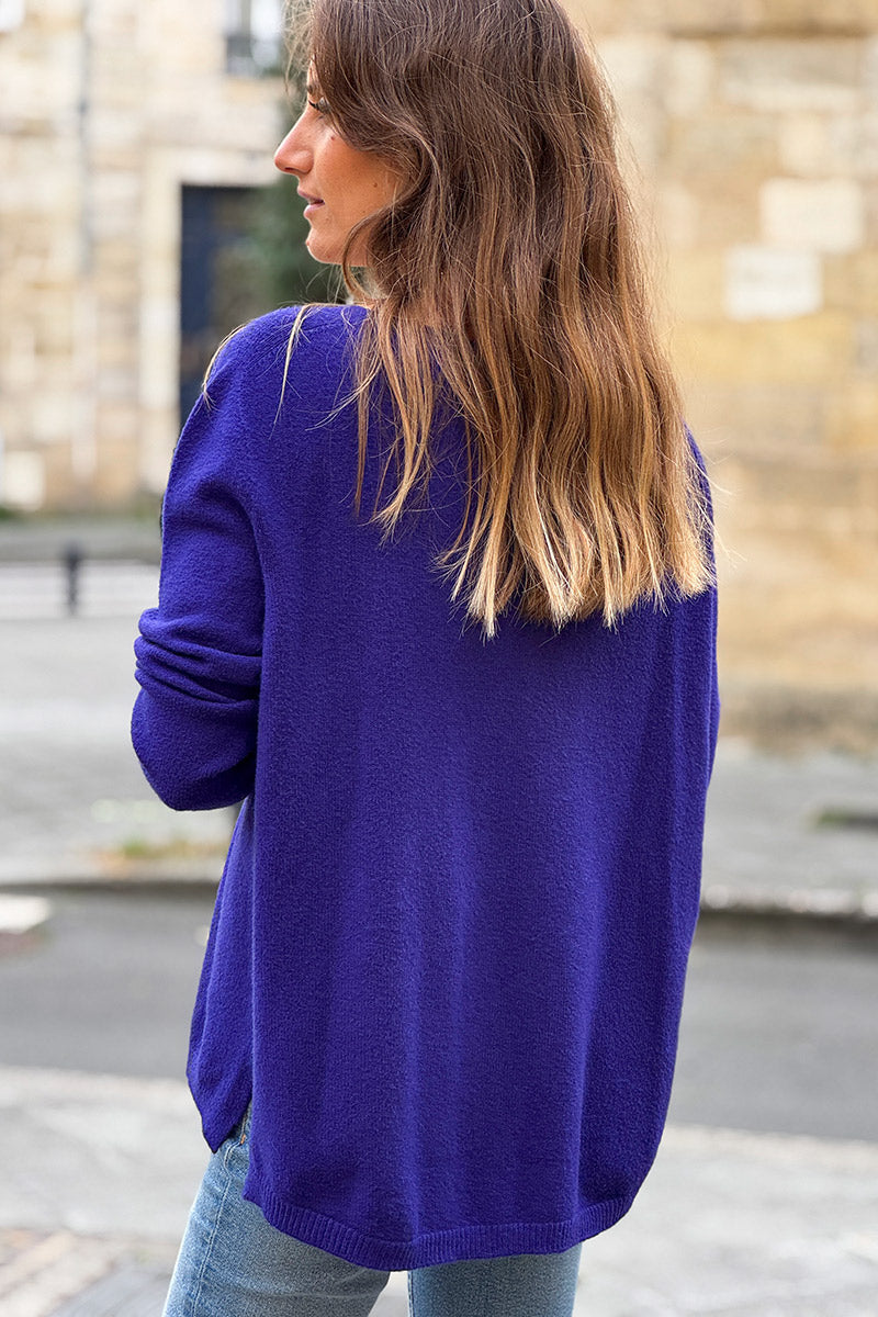 Suéter básico suave de color morado con cuello en V