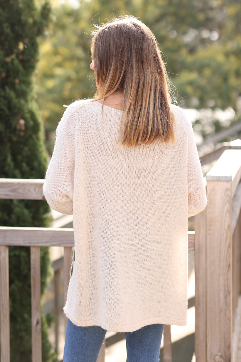 Jersey ancho beige jaspeado con flores caqui