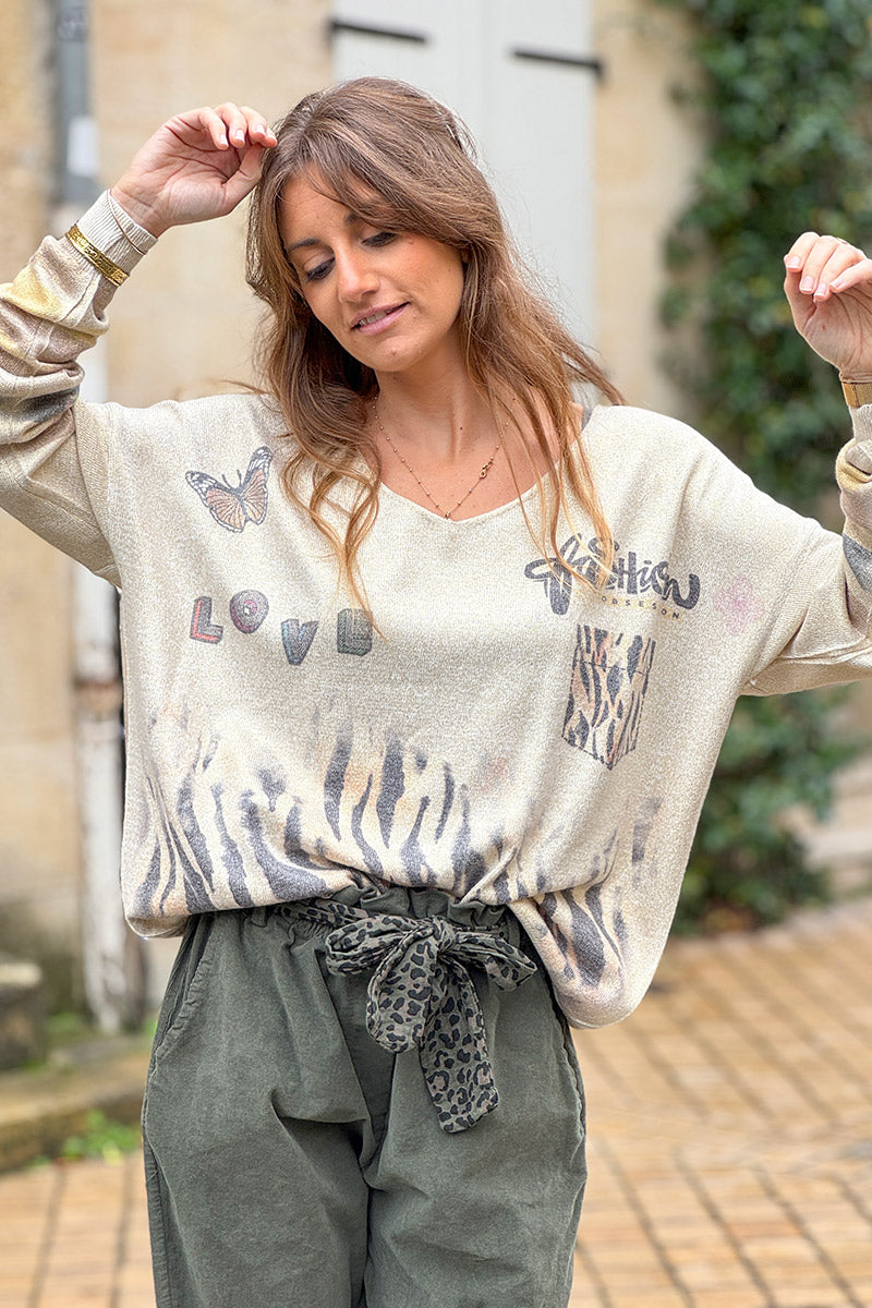 Beige Glitter Knit Tigress Sweater