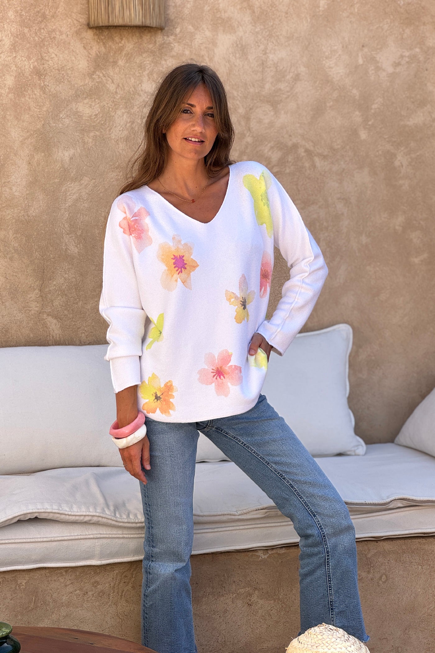 Yellow Hibiscus Knit V-Neck Top