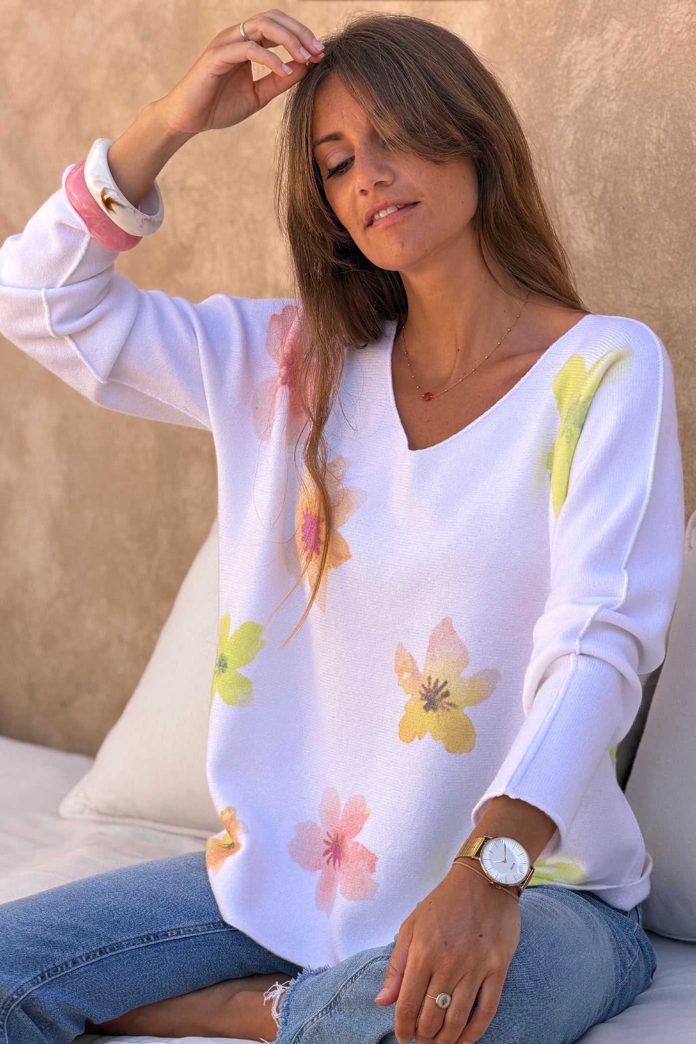 Yellow Hibiscus Knit V-Neck Top