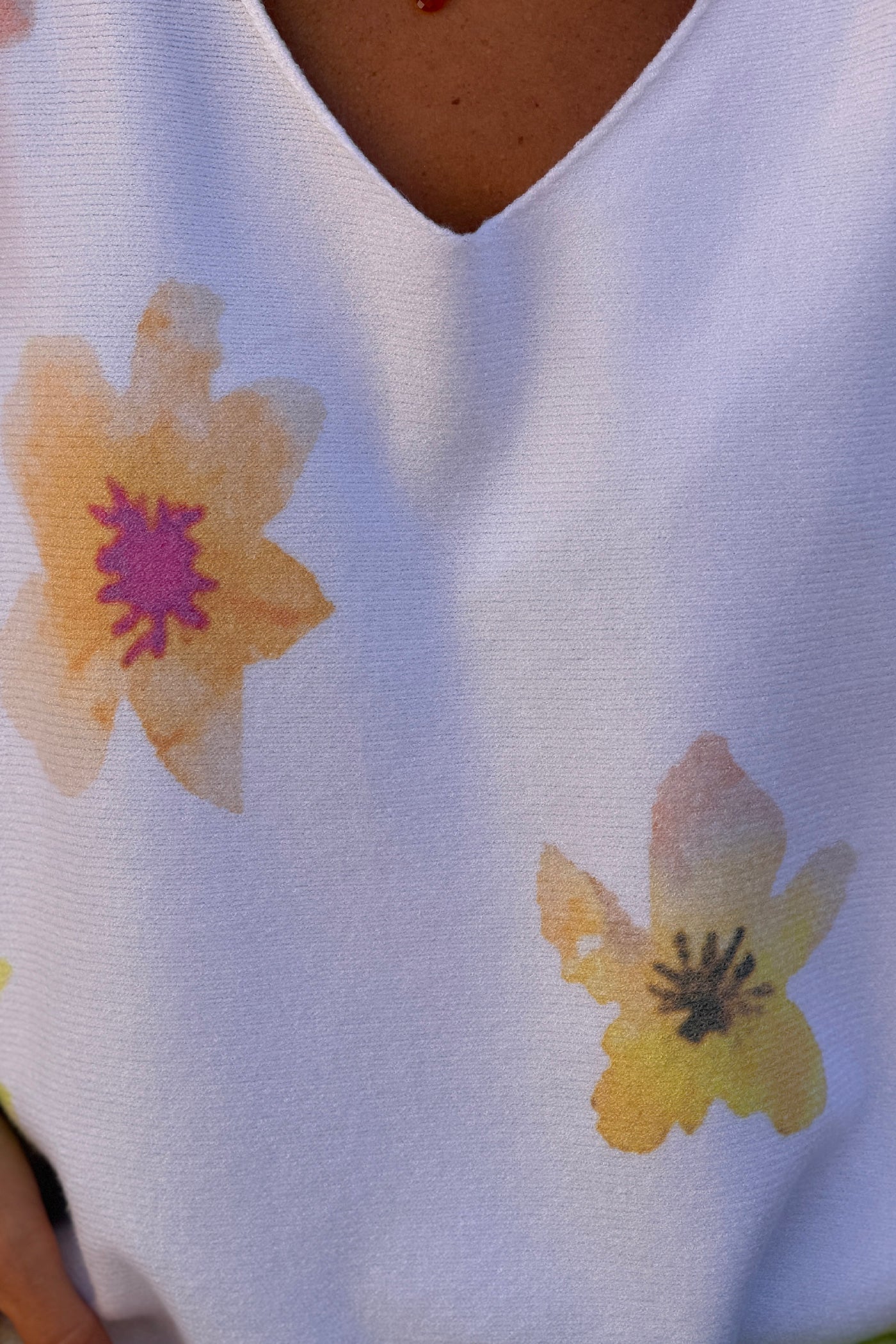 Yellow Hibiscus Knit V-Neck Top