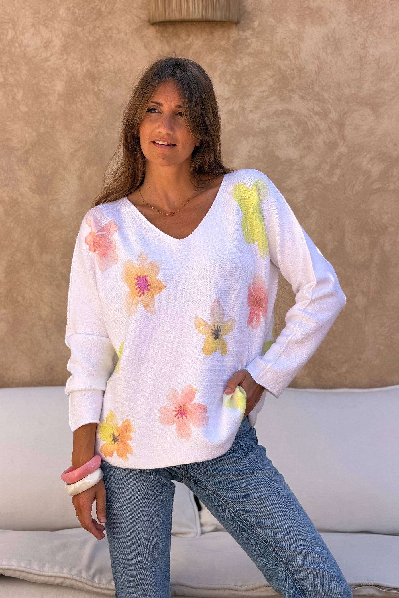 Yellow Hibiscus Knit V-Neck Top