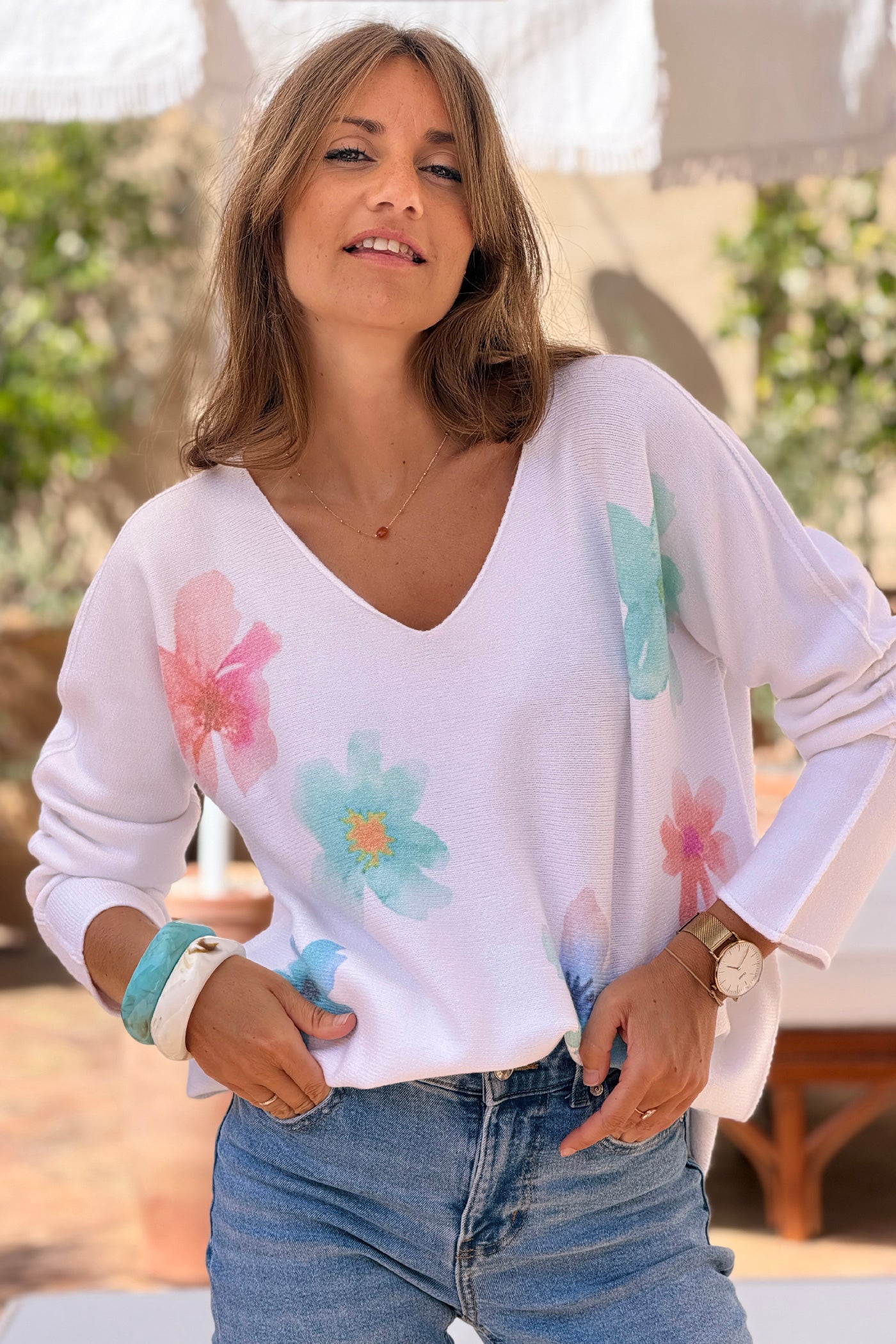 Blue Hibiscus Knit V-Neck Top