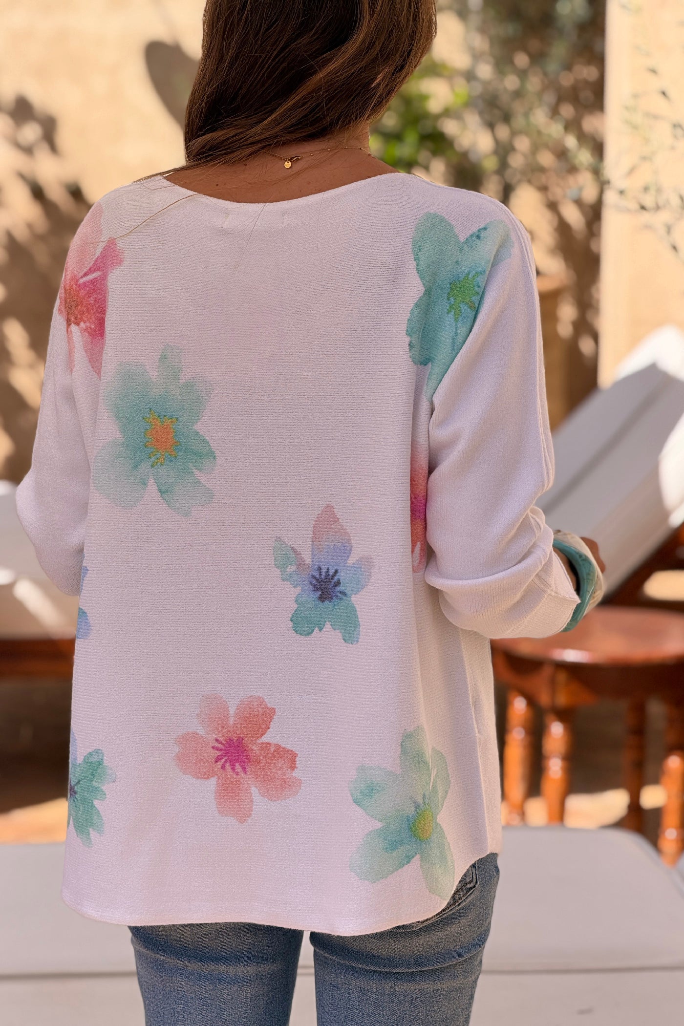 Blue Hibiscus Knit V-Neck Top