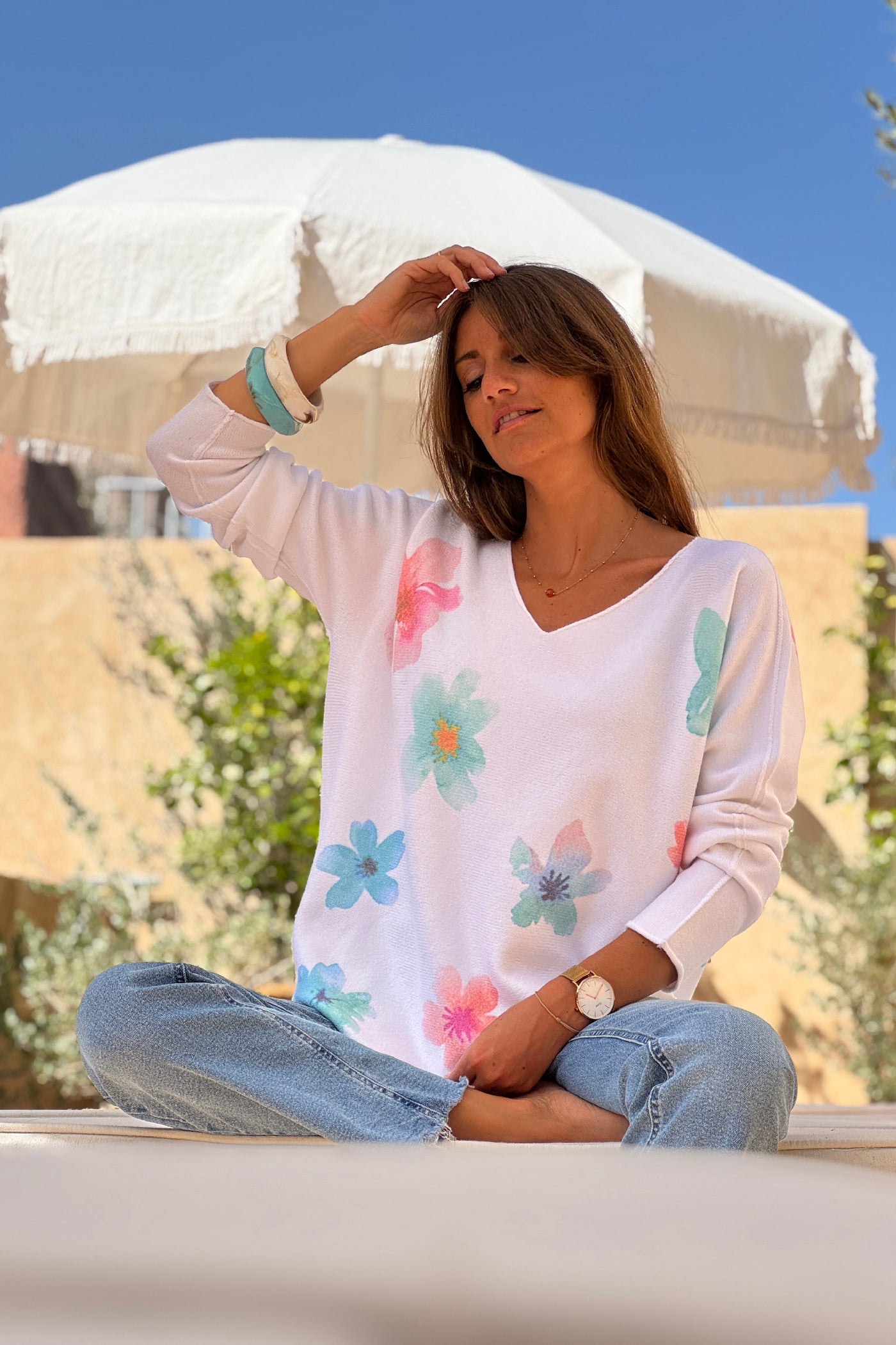 Blue Hibiscus Knit V-Neck Top