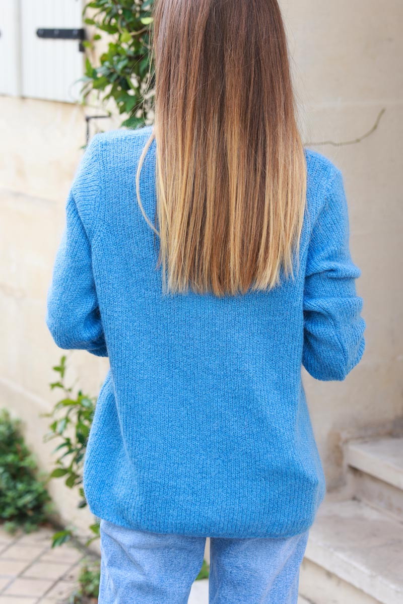 Slim fit v-neck dusty blue mohair blend sweater