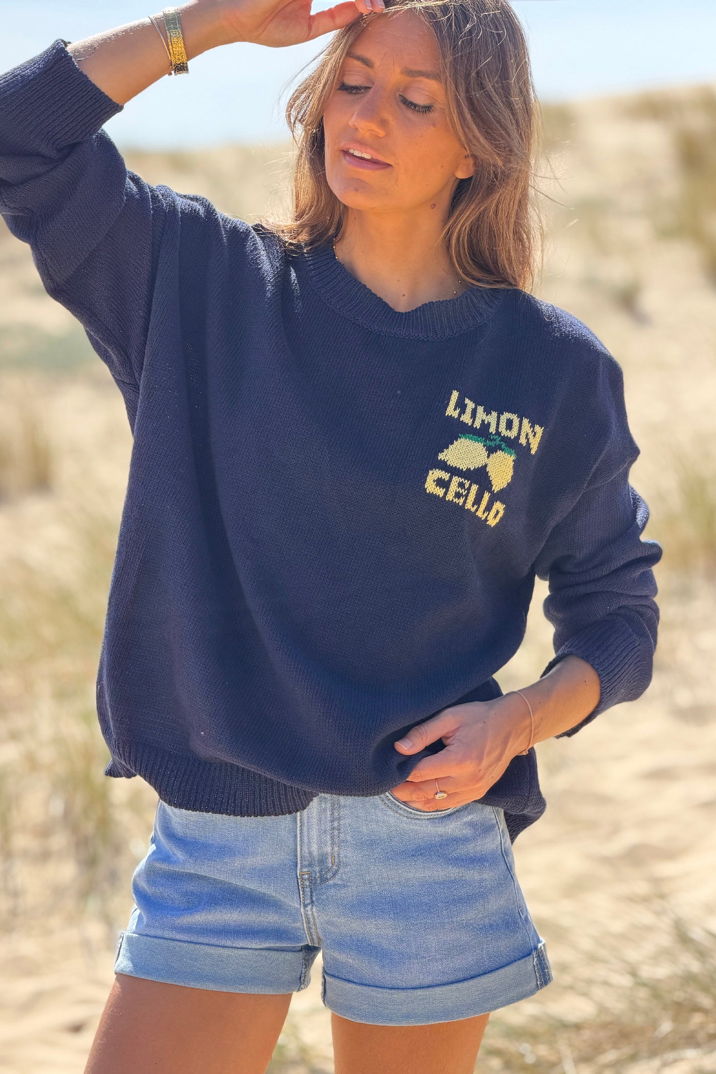 Pull bleu marine en maille d'été coton mélangé Limoncello citrons