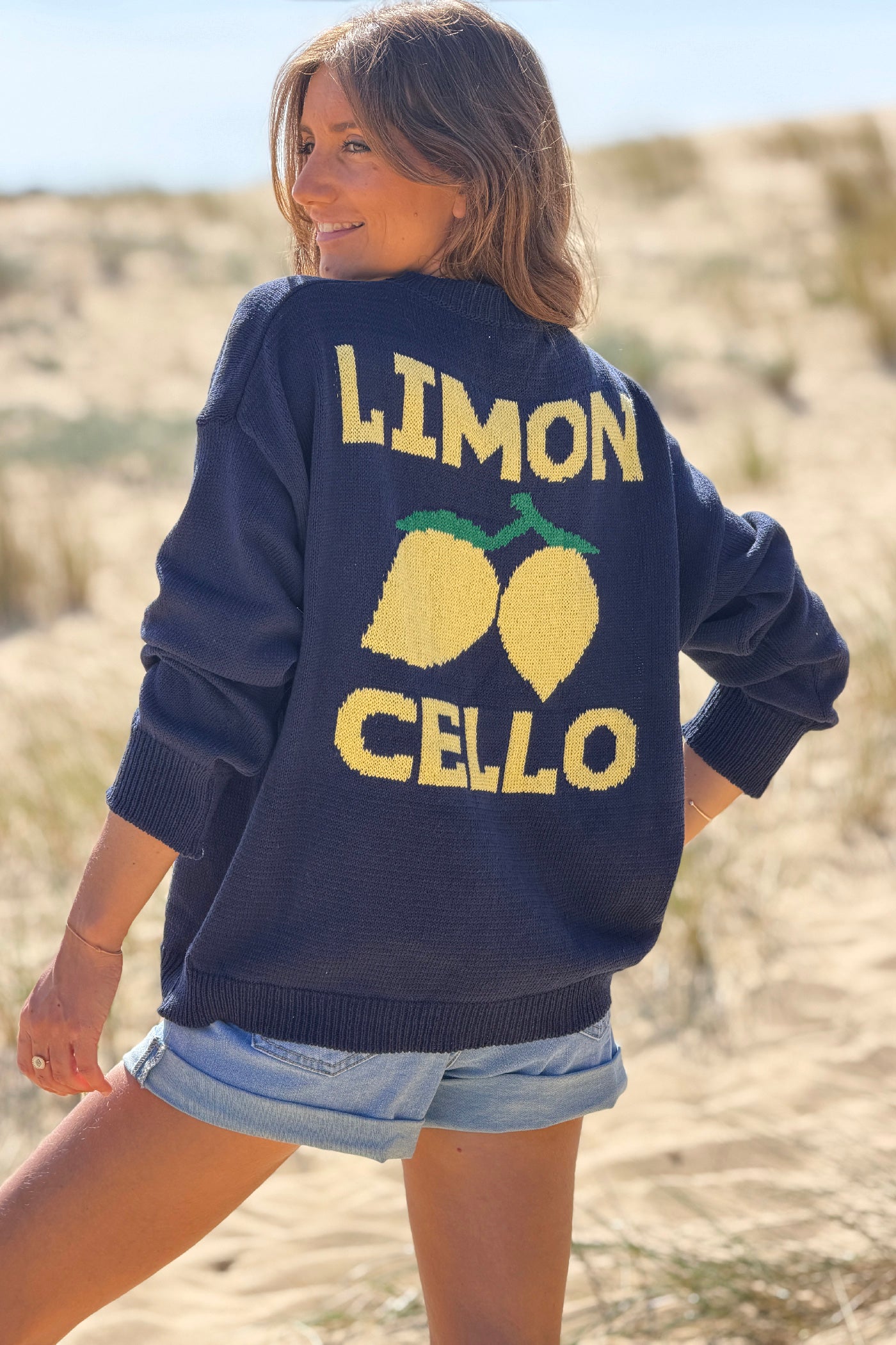Pull bleu marine en maille d'été coton mélangé Limoncello citrons