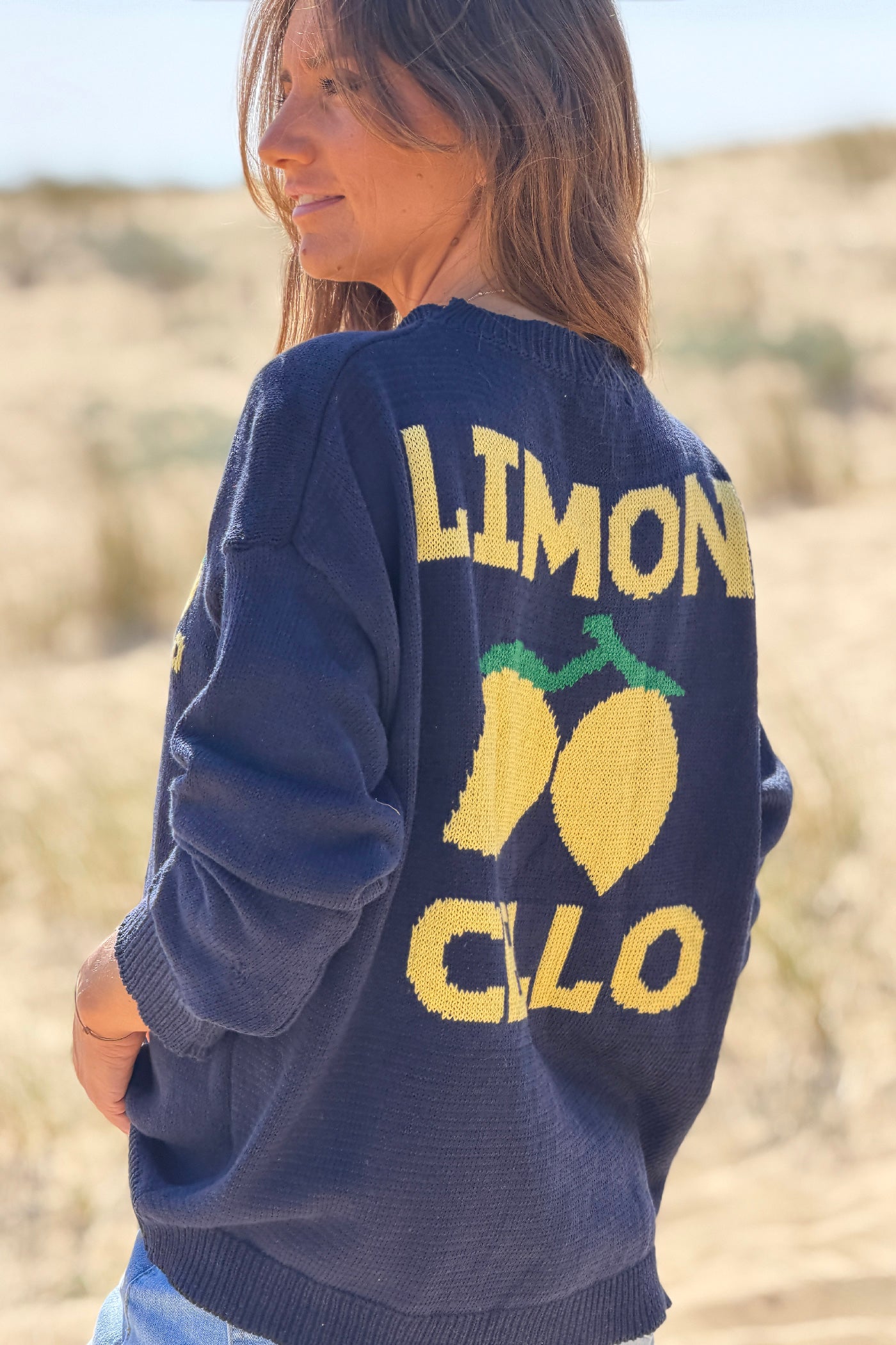 Pull bleu marine en maille d'été coton mélangé Limoncello citrons