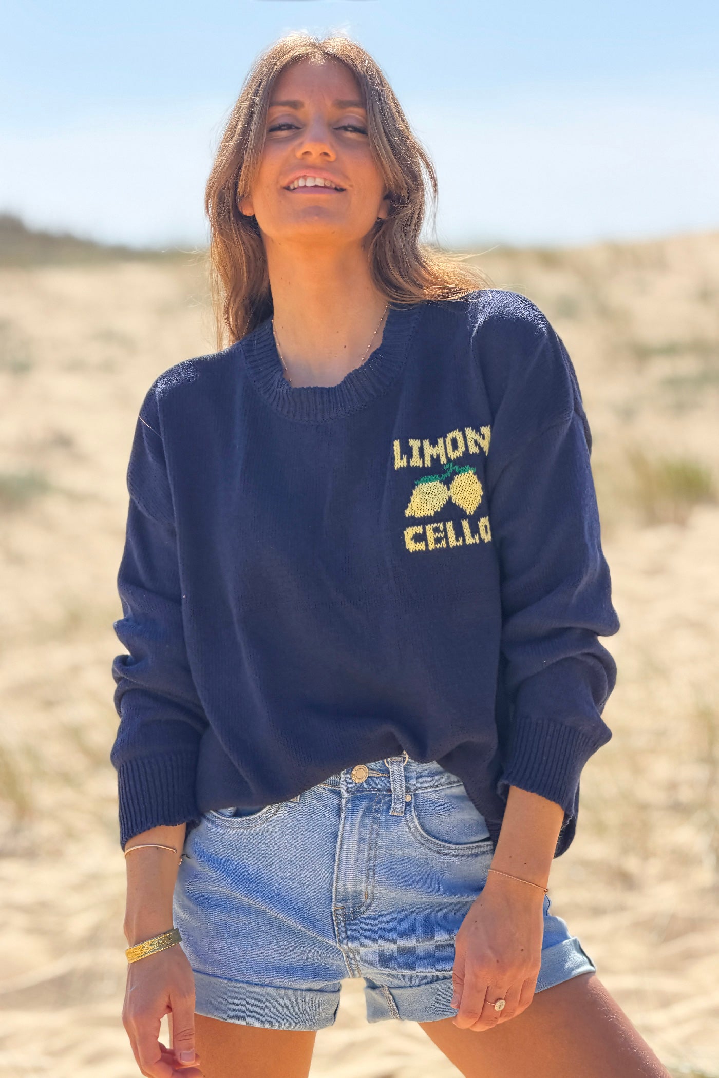 Pull bleu marine en maille d'été coton mélangé Limoncello citrons