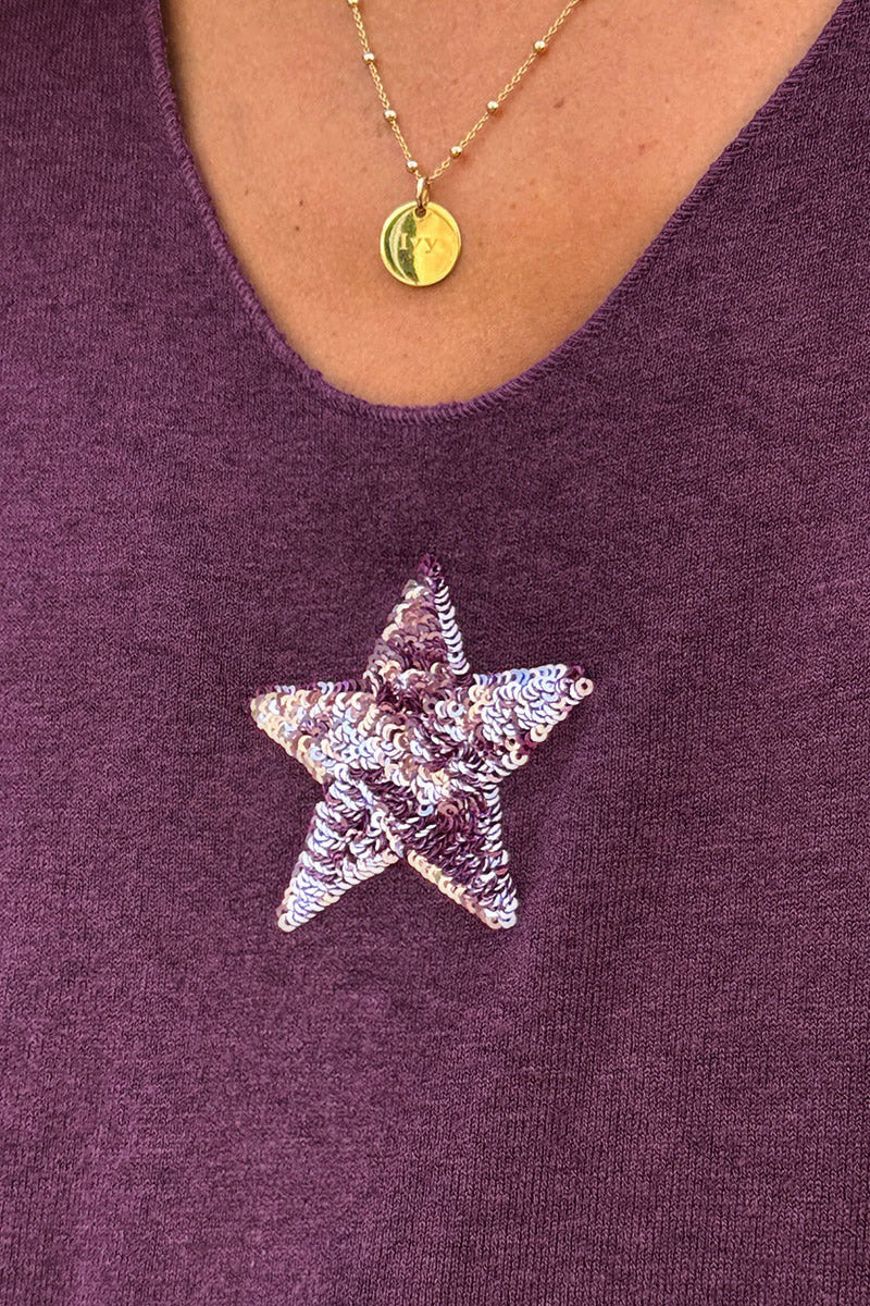 Burgundy v-neck small star sequin sweater