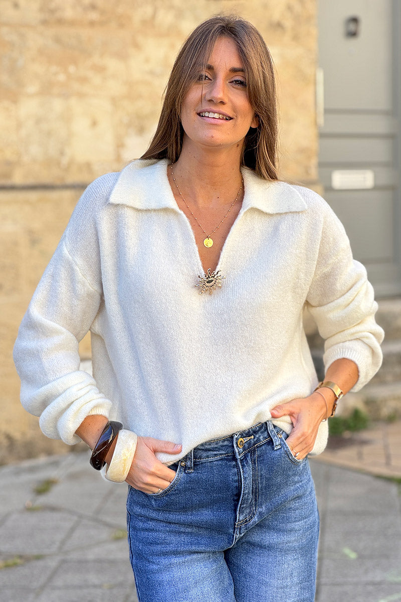 Off white Collared Fuzzy Knit Sweater with Sun Brooch