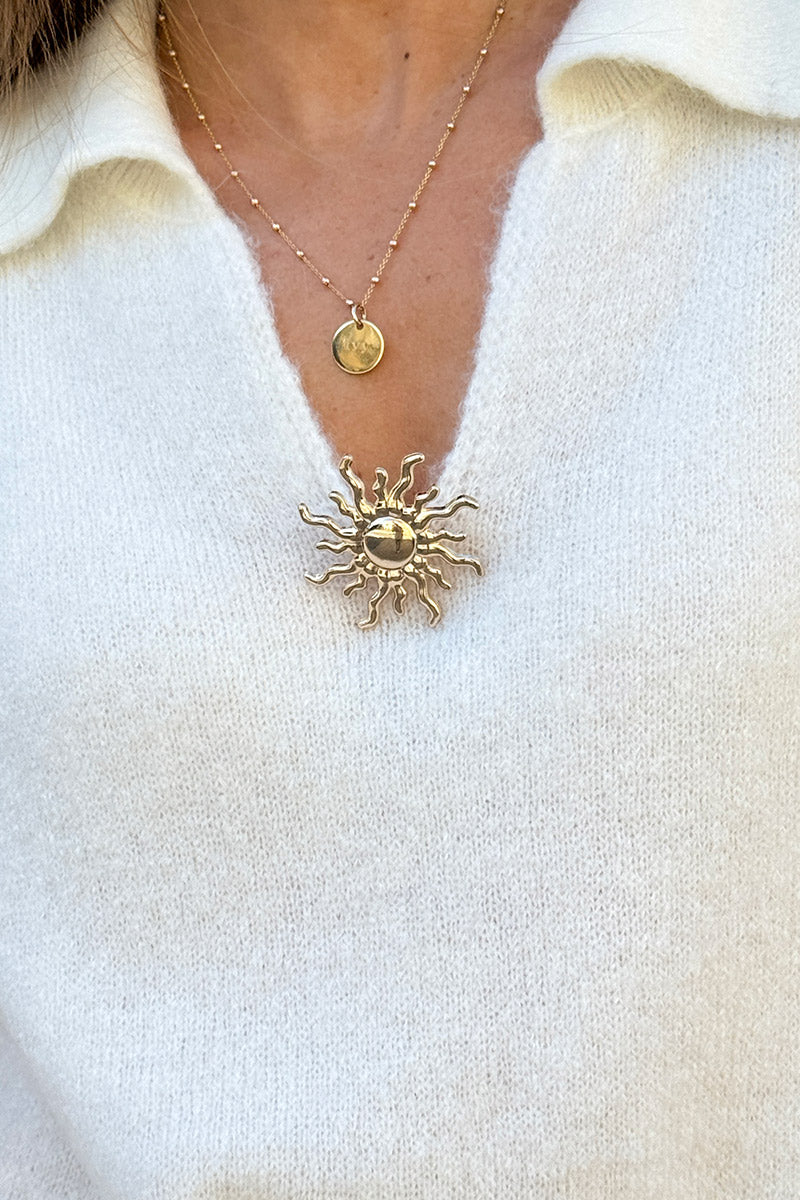 Off white Collared Fuzzy Knit Sweater with Sun Brooch
