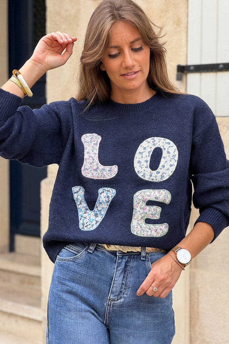 Navy blue LOVE Shabby Chic Knit Sweater