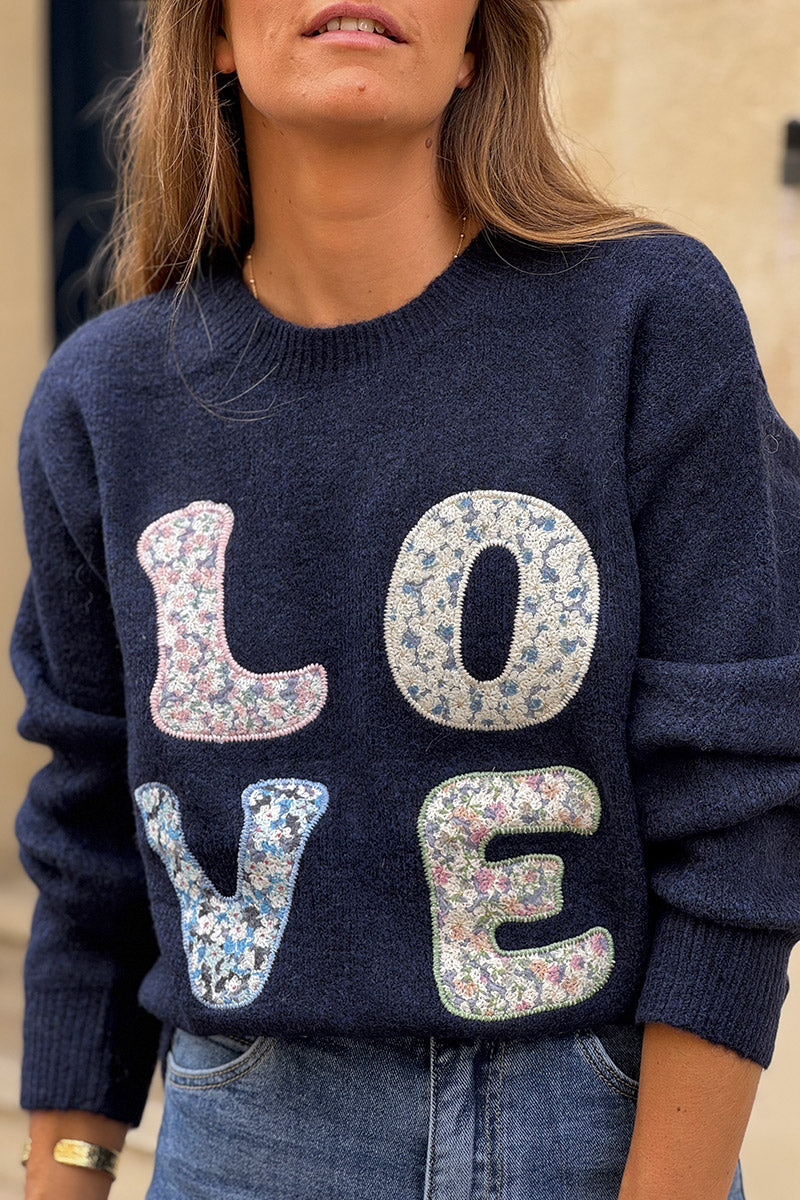Navy blue LOVE Shabby Chic Knit Sweater