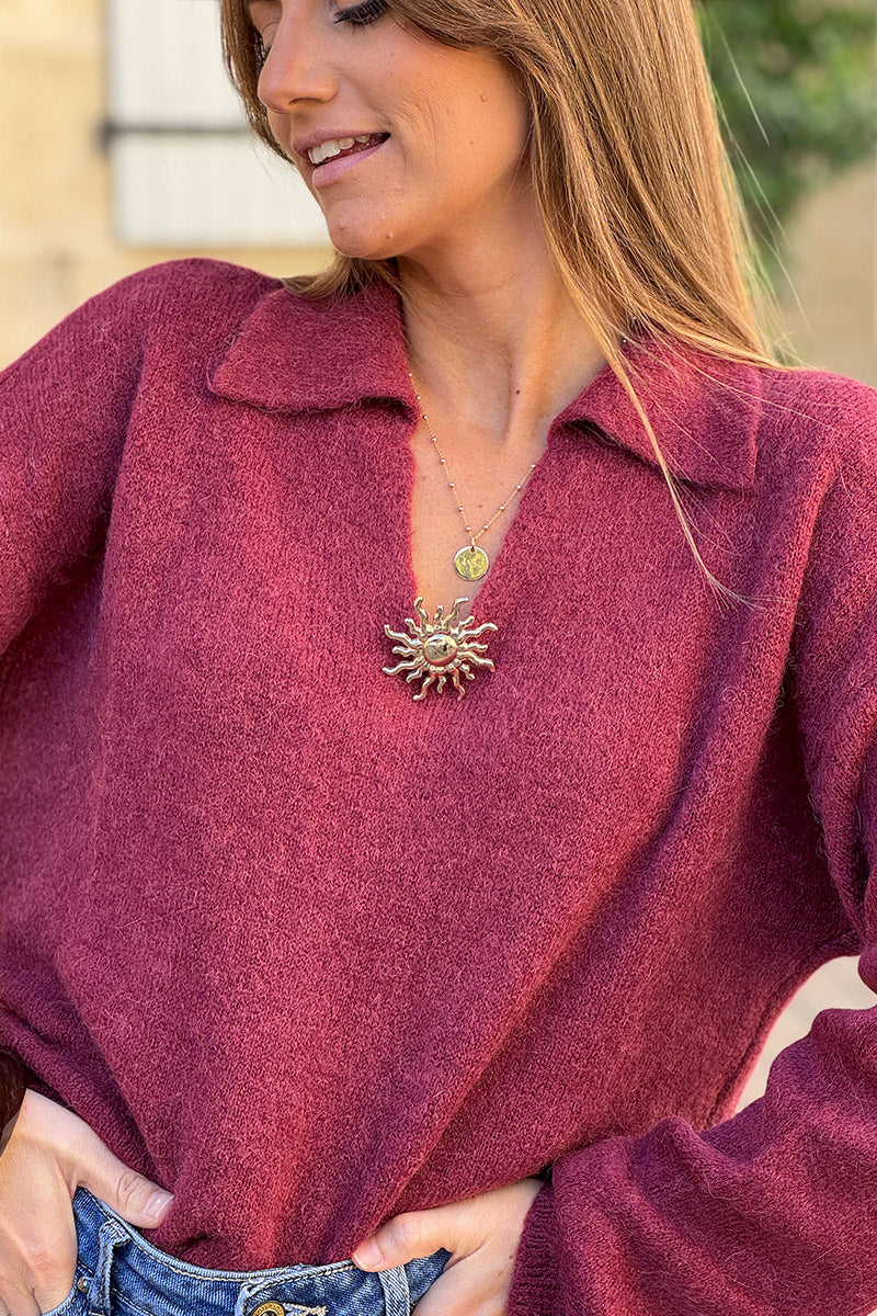 Burgundy Collared Fuzzy Knit Sweater with Sun Brooch