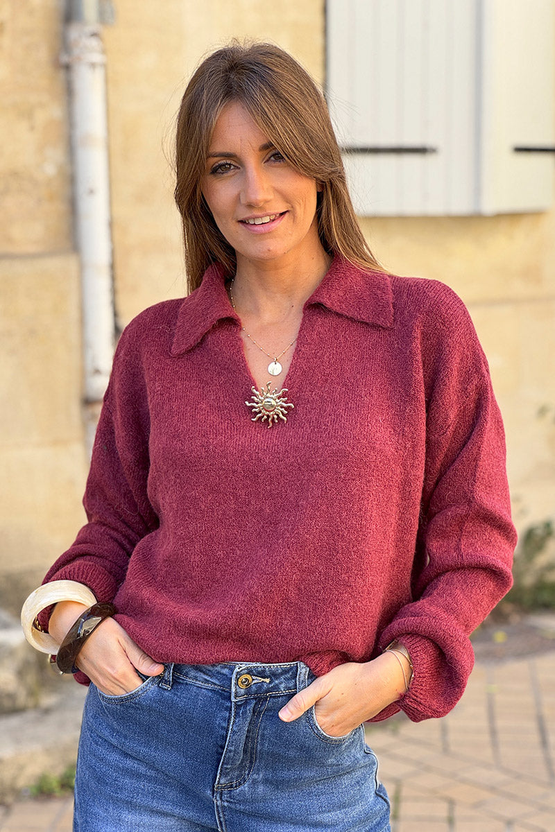 Burgundy Collared Fuzzy Knit Sweater with Sun Brooch