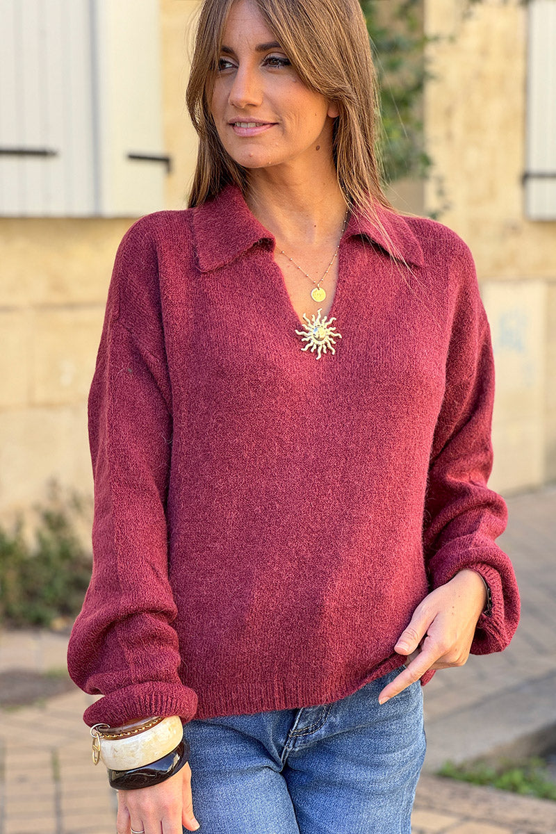 Burgundy Collared Fuzzy Knit Sweater with Sun Brooch