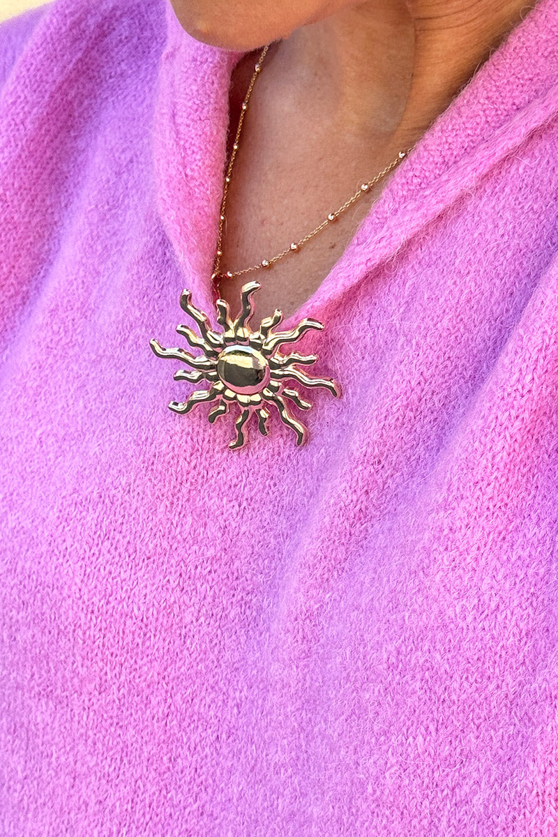 Pink Collared Fuzzy Knit Sweater with Sun Brooch
