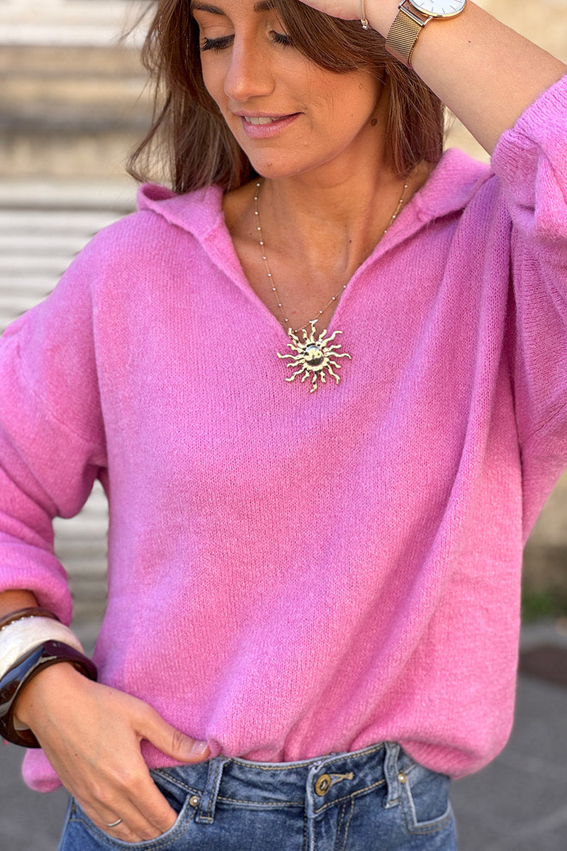 Pink Collared Fuzzy Knit Sweater with Sun Brooch