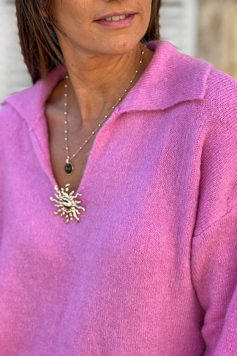 Pink Collared Fuzzy Knit Sweater with Sun Brooch