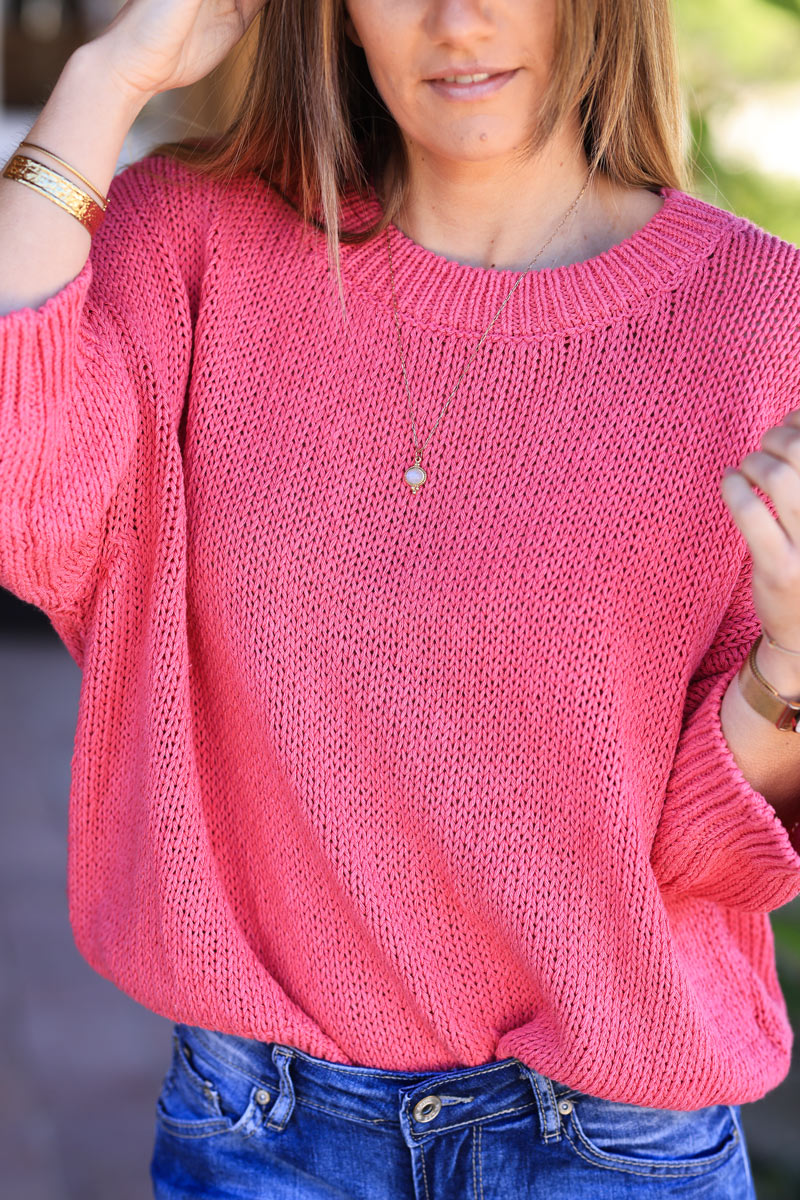 Pull en grosse maille coton fuchsia manches chauve souris et col rond