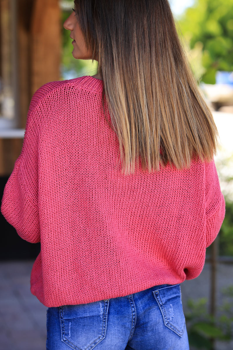 Pull en grosse maille coton fuchsia manches chauve souris et col rond