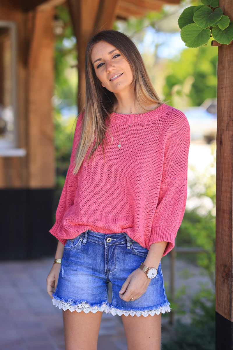 Pull en grosse maille coton fuchsia manches chauve souris et col rond