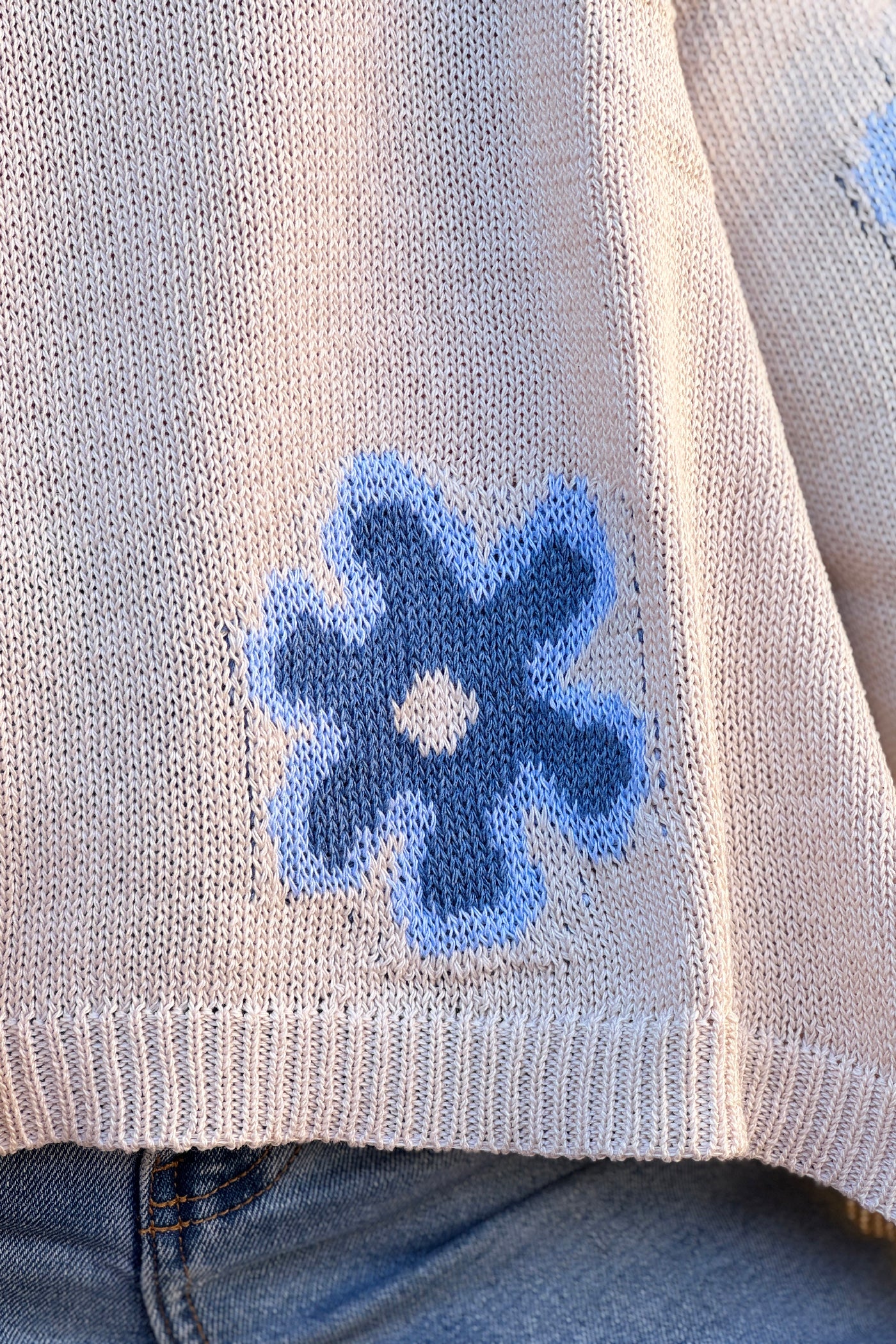 Beige Floral Applique V-Neck Sweater