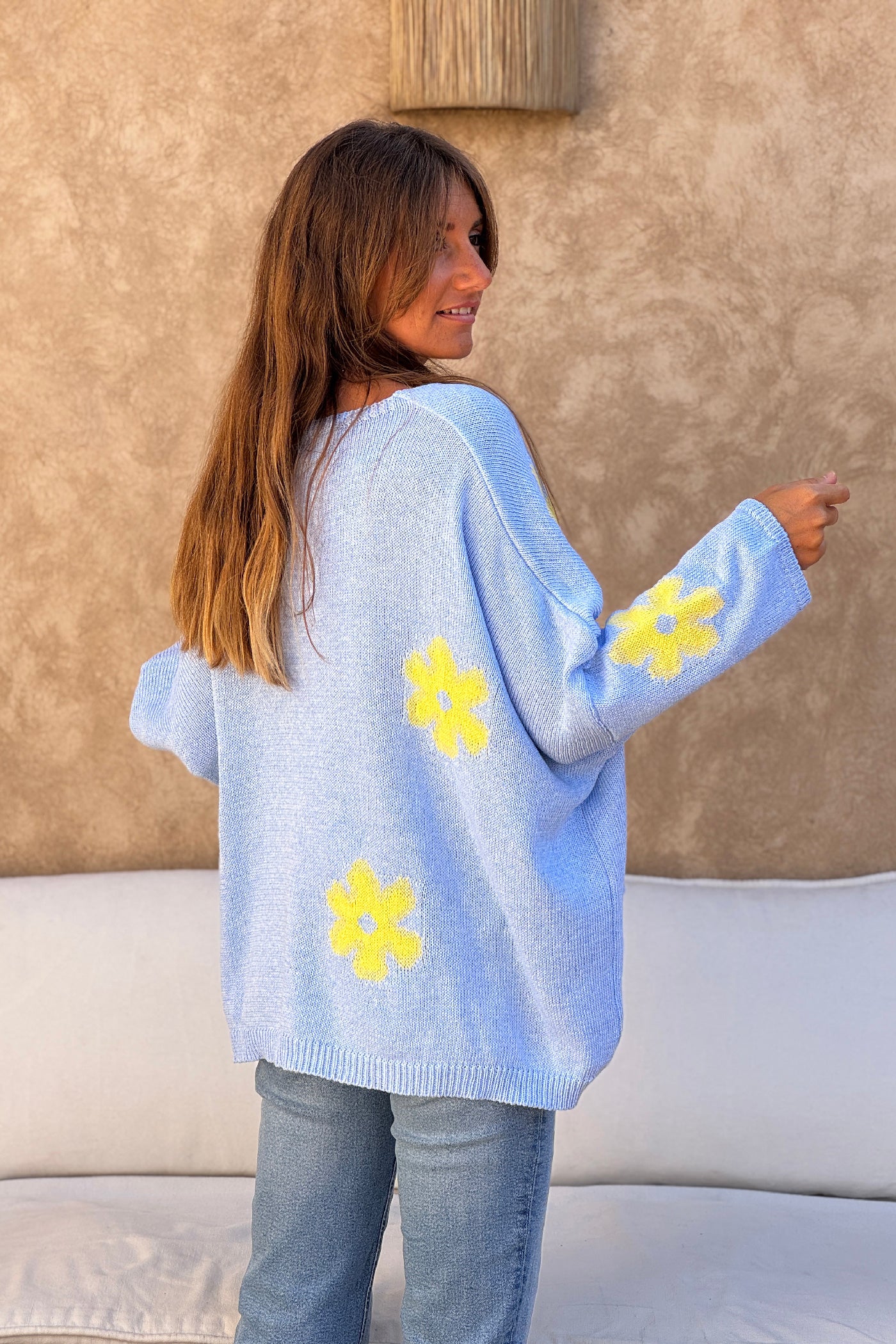 Light Blue Floral Applique V-Neck Sweater